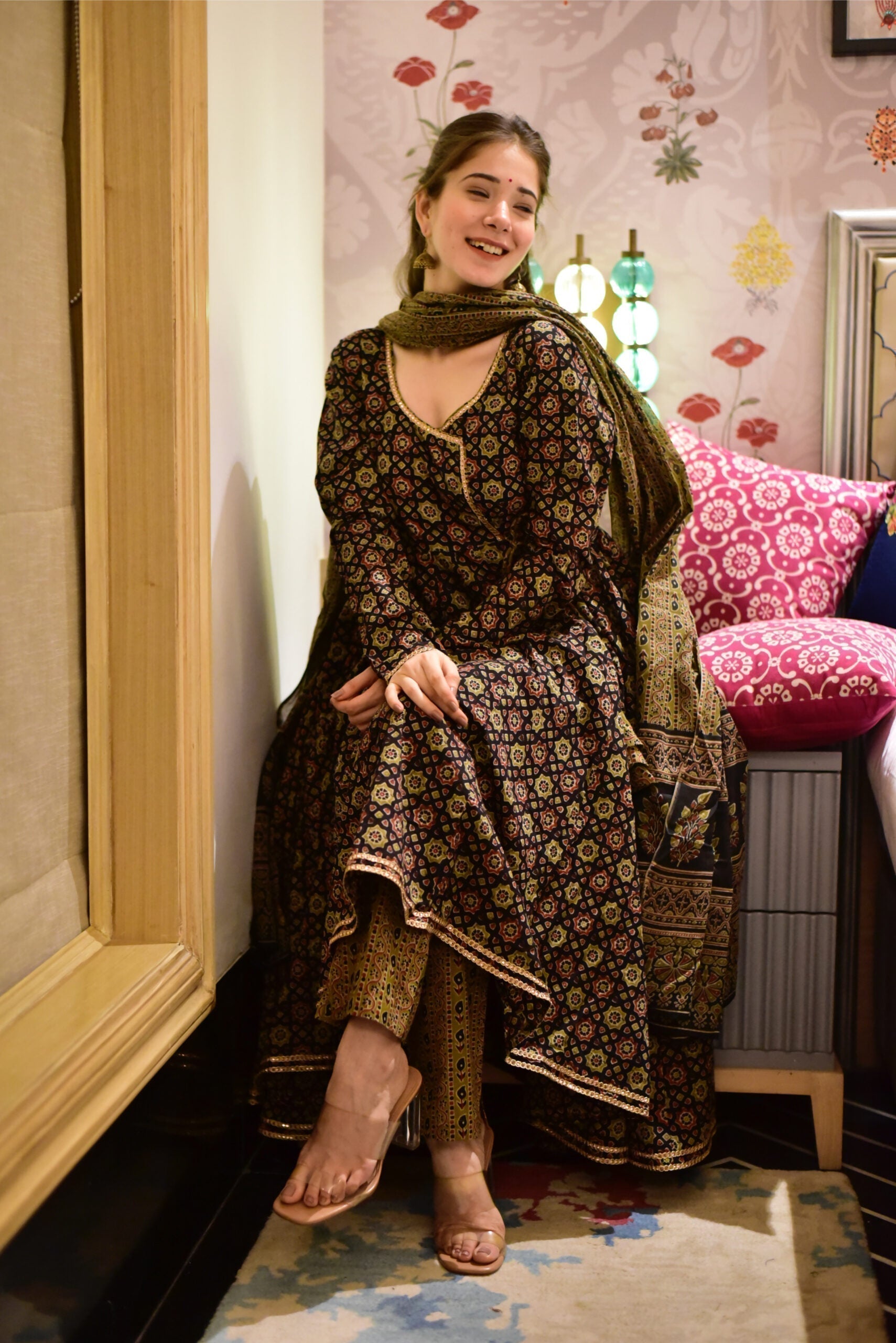 brown ajrakh angrakha suit set