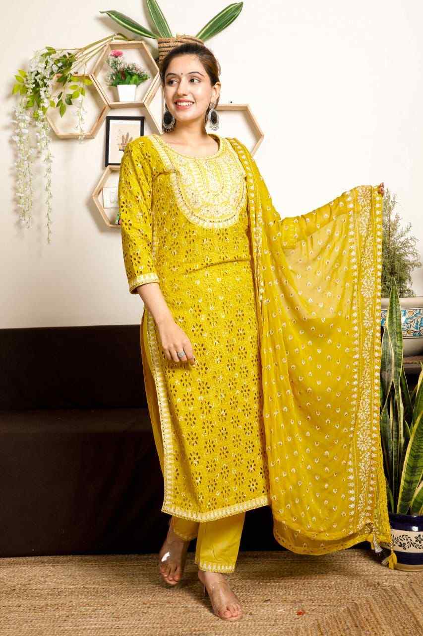 Cutwork Floral Embellished Suit Set (3 Piece)