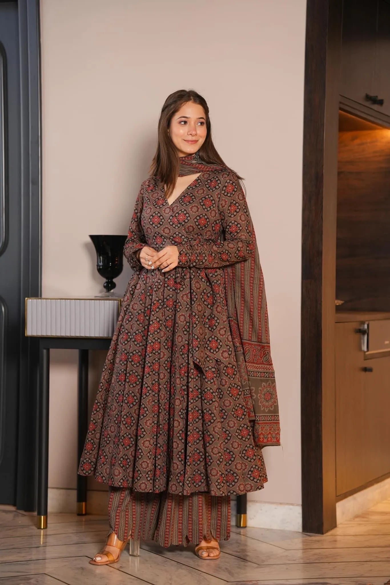 Brown ajrakh print cotton suit set