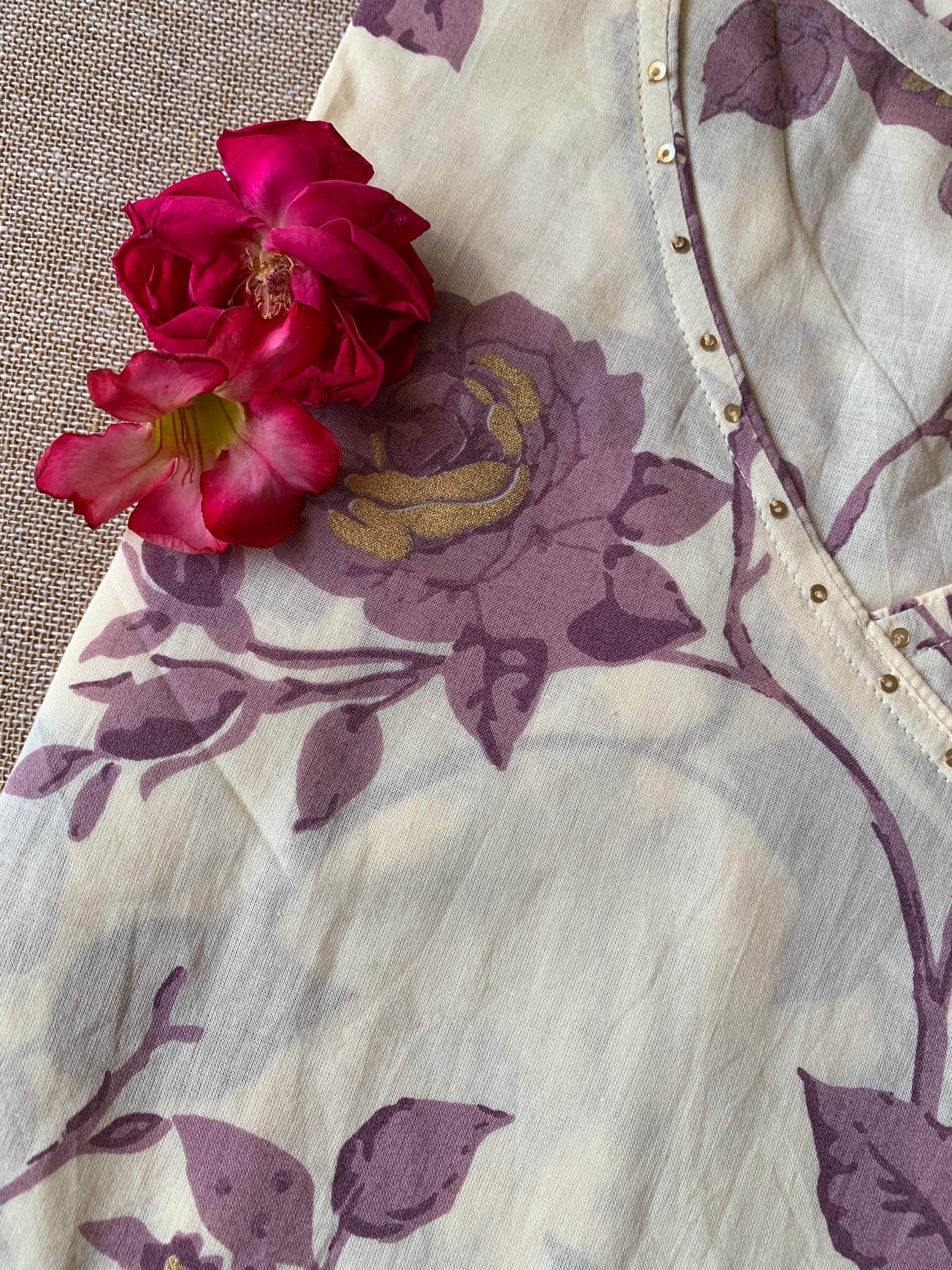 Cream Purple "Gold" Angrakha Cotton Kurta