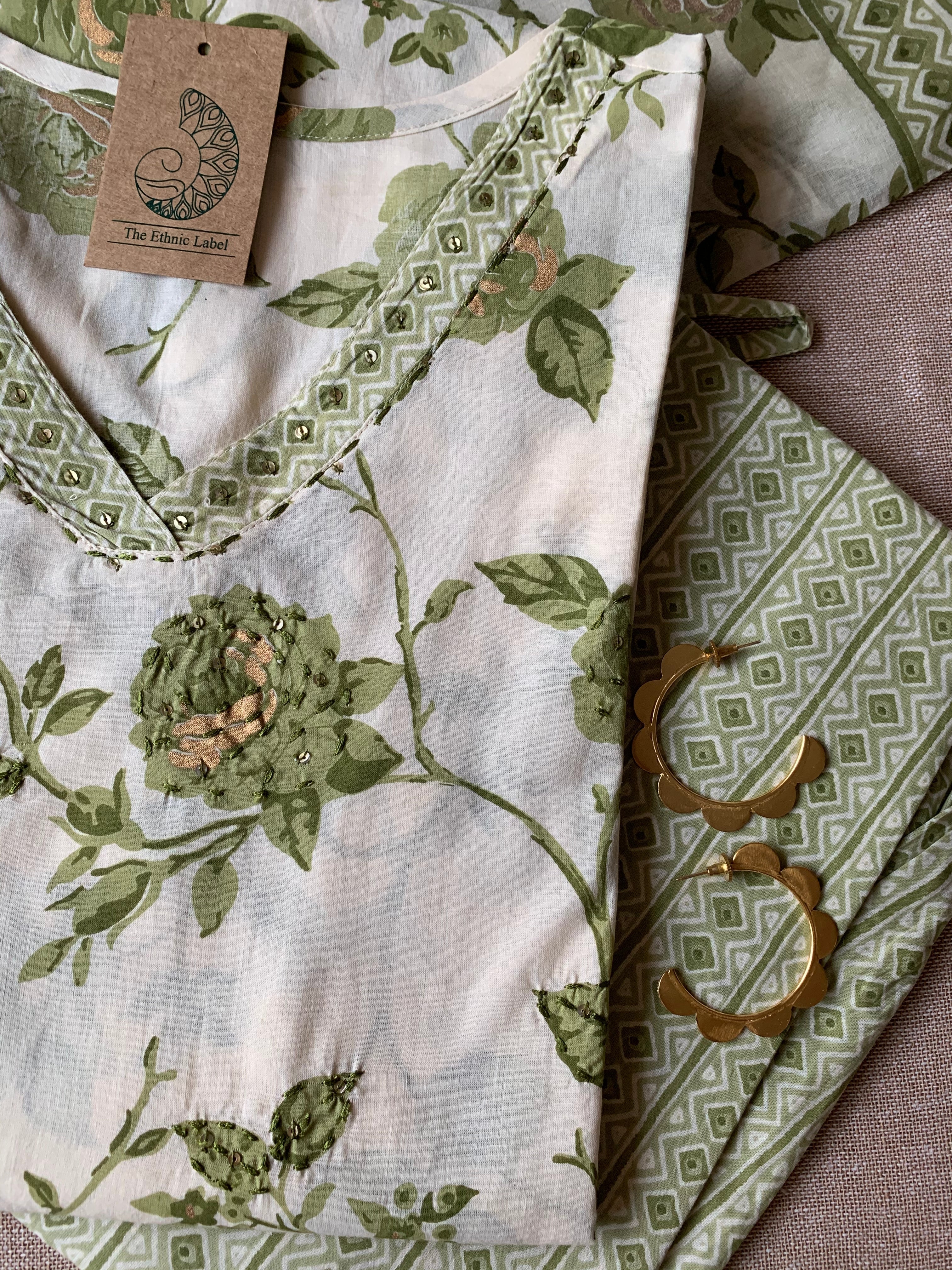 Cream Mehendi "Gold" Cotton Kurta Set with Dupatta - 3 pc