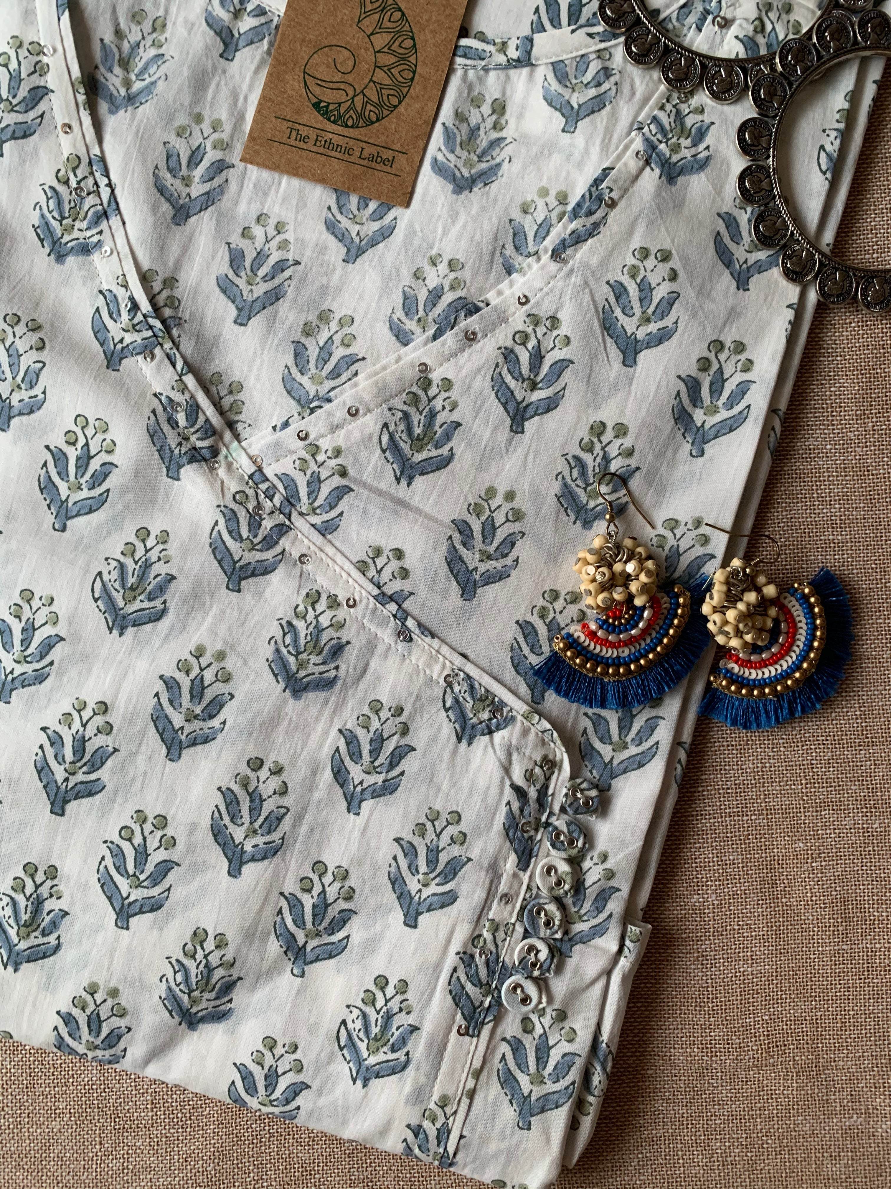 "Tulip" Hand block printed Angrakha Cotton Kurta - Big Size