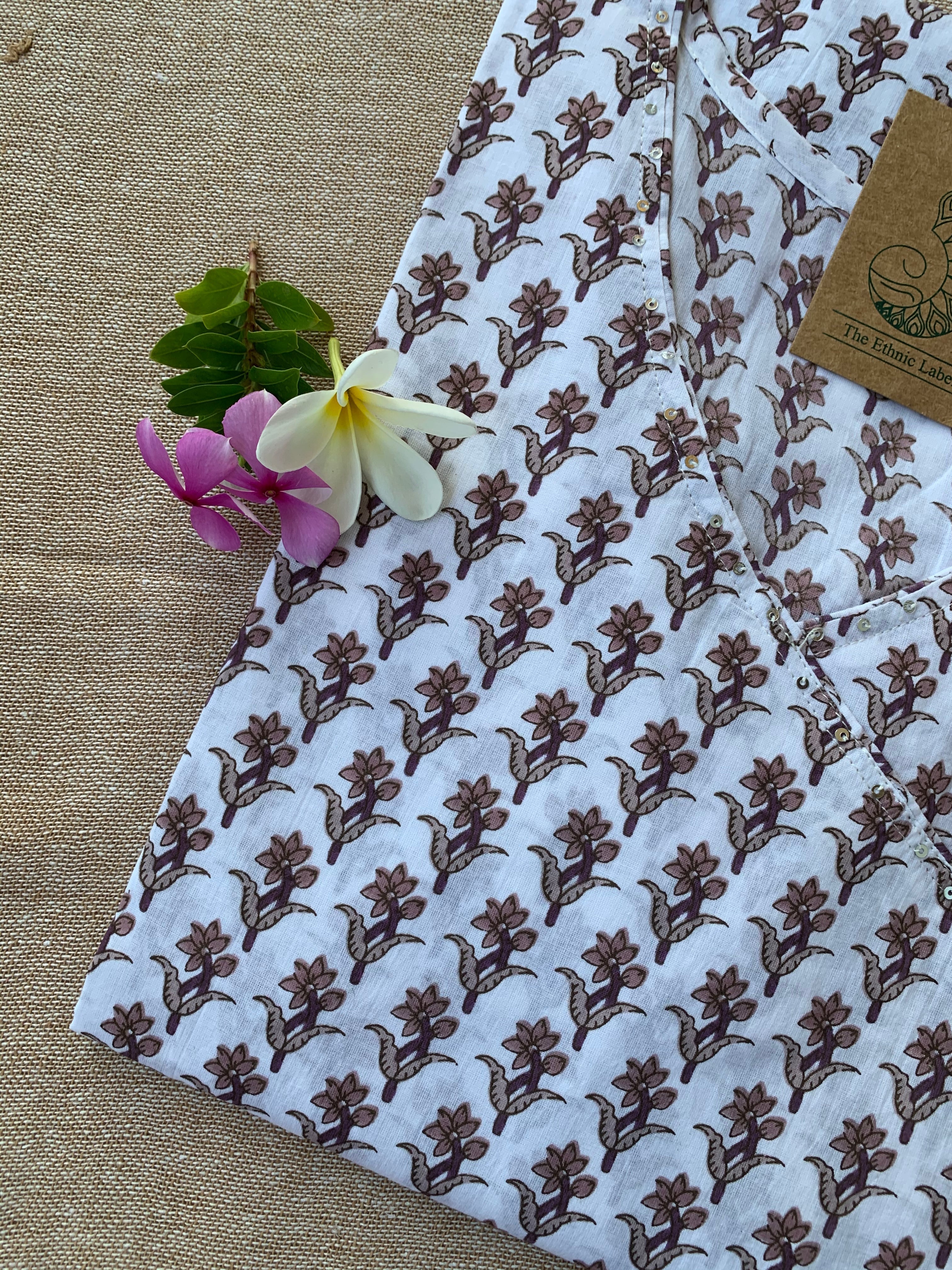 Hand Block Printed White Boota Angrakha Cotton Kurta