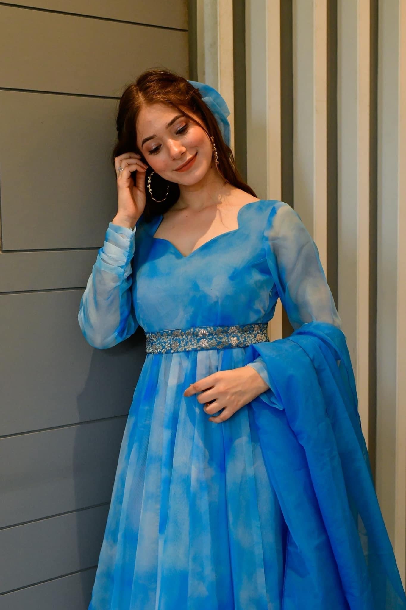 blue marble printed organza suit set