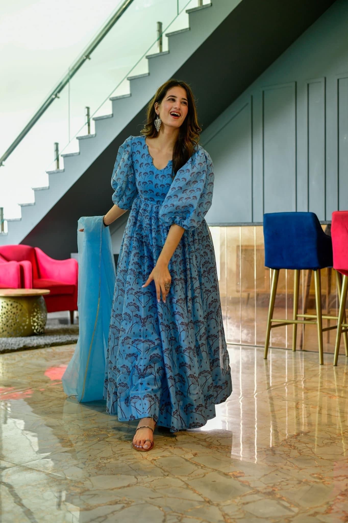 aqua floral chanderi maxi set